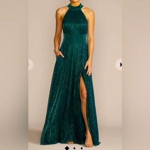 Forest green/Jade Metallic High neck metallic A-Line gown. Open back dress